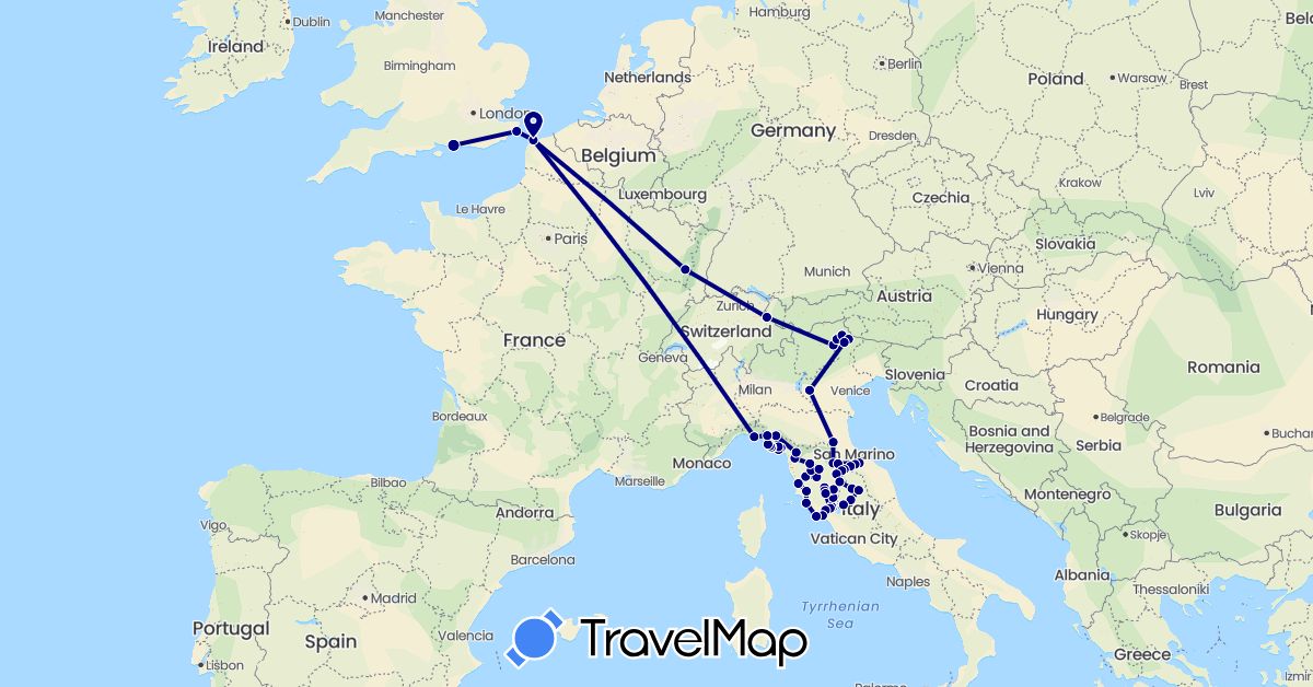 TravelMap itinerary: driving in France, United Kingdom, Italy, Liechtenstein (Europe)
